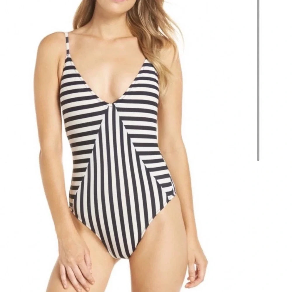 J. Crew Mixed Stripe Paneled One-Piece Swimsuit Navy White J5037  Size 8 NWT‎